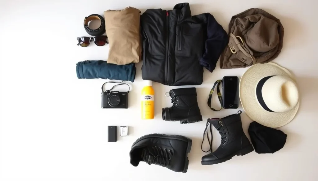 Tourist preparing for Ladakh trip with appropriate gear and equipment laid out Tourist preparing for Ladakh trip with appropriate gear and equipment laid out