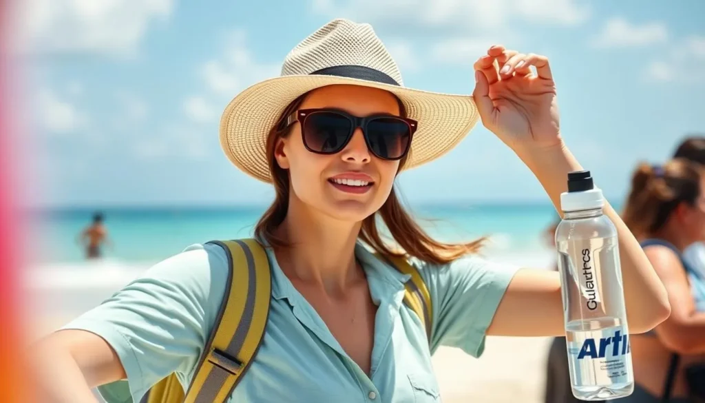 Tourist preparing for a day trip in Bayahibe with sunscreen, hat, and water bottle