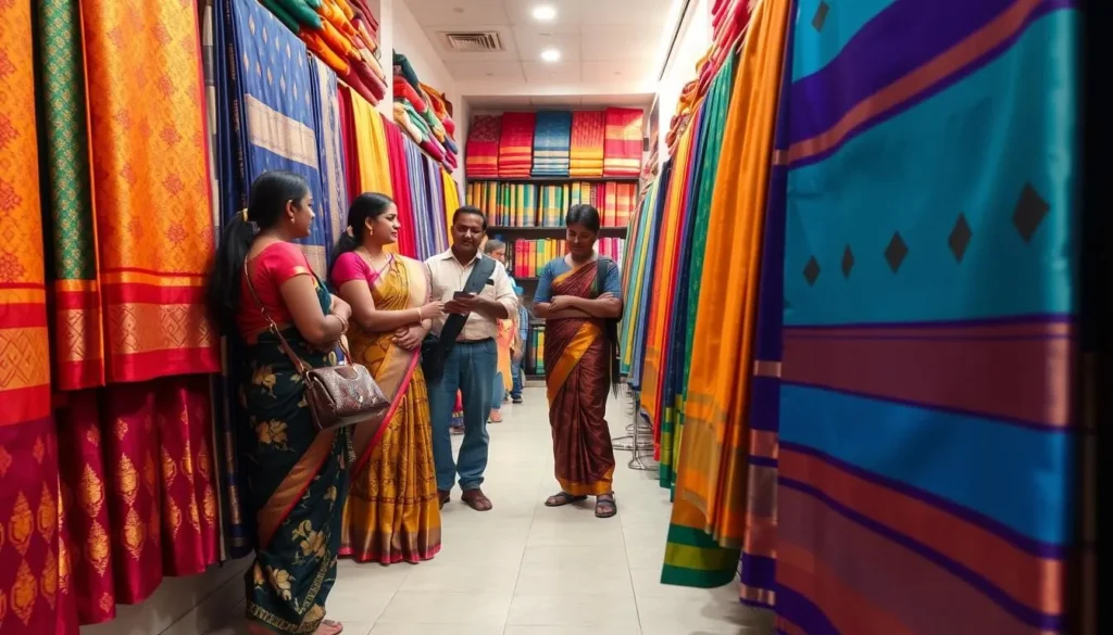 Tourist shopping for Mysore silk sarees at a local emporium
