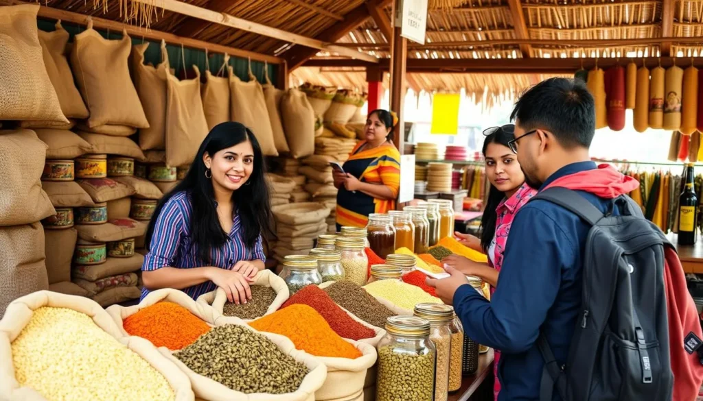 Tourist shopping for spices and tea at a local market in Munnar