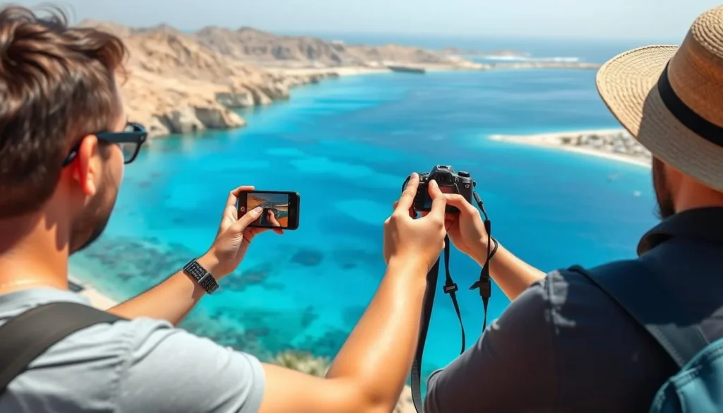 Tourist taking photos of the beautiful Red Sea coastline in Hurghada