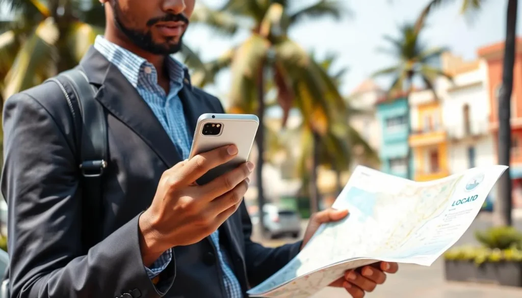 Tourist using a local SIM card and map to navigate Goa's attractions Tourist using a local SIM card and map to navigate Goa's attractions
