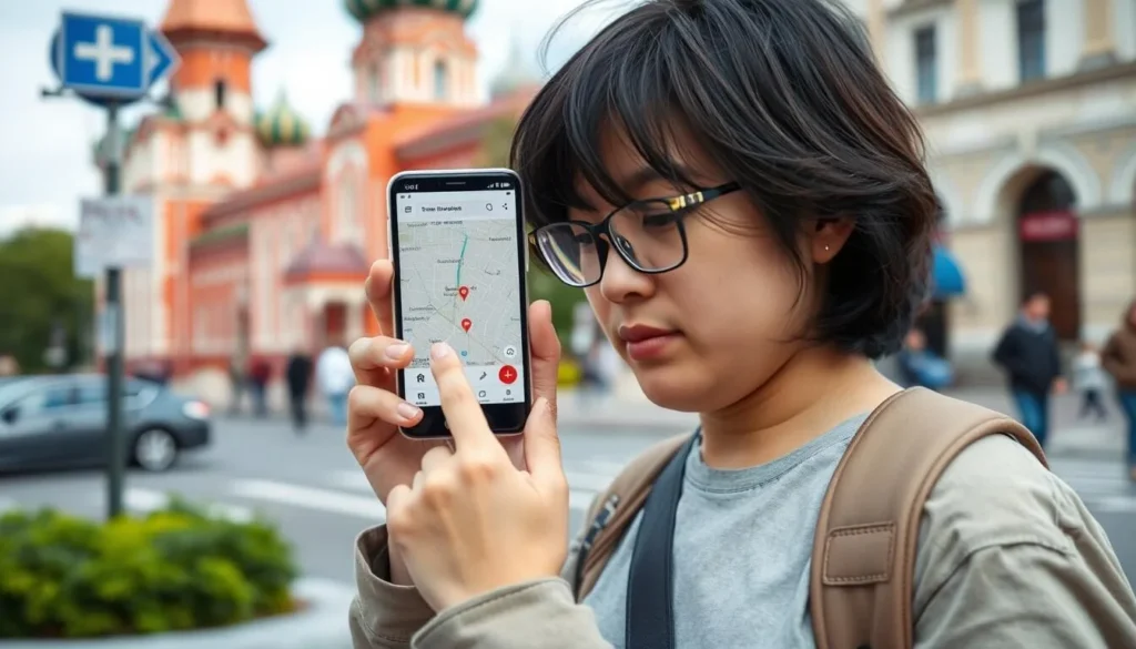 Tourist using a local SIM card and mobile app to navigate Samara city streets