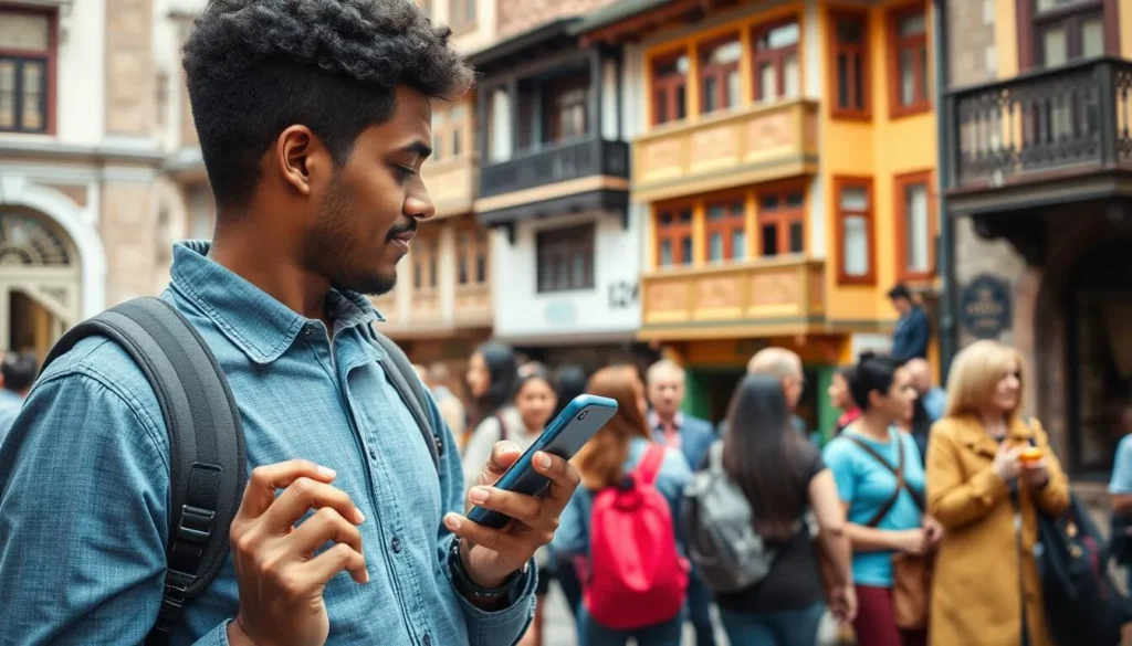 Tourist using a local SIM card to navigate with smartphone in Tbilisi Old Town