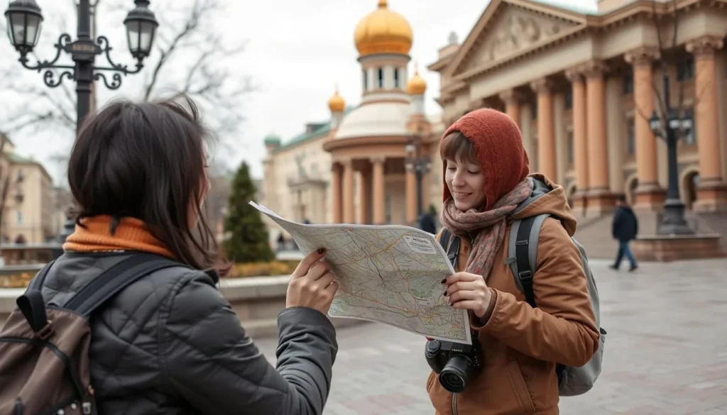 Tourist using a map to navigate in Krasnoyarsk city center Tourist using a map to navigate in Krasnoyarsk city center