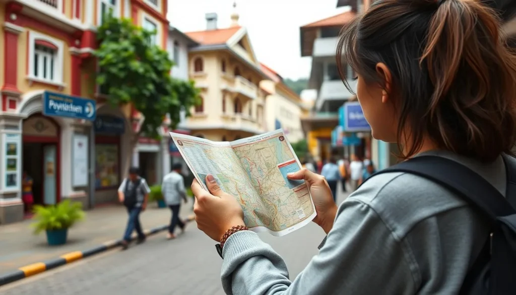 Tourist using a map while exploring Kohima city center
