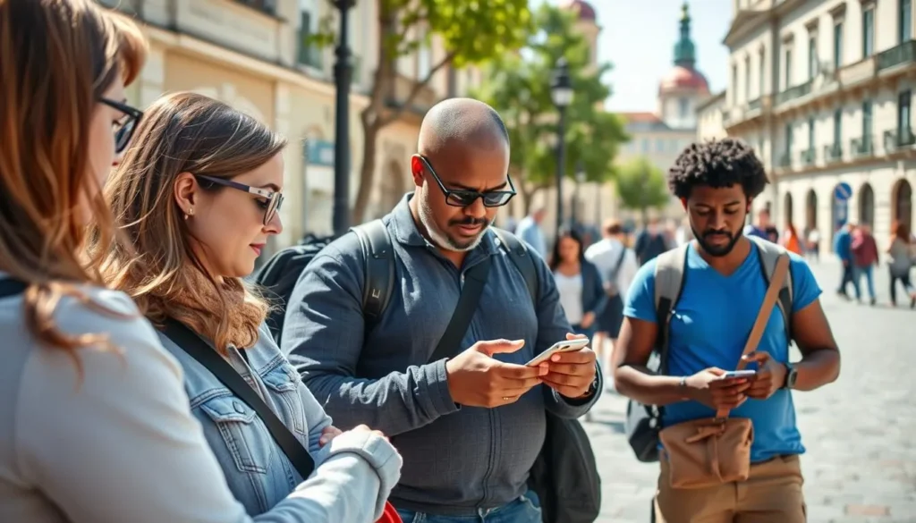 Tourist using a mobile app to navigate in Krasnodar city center