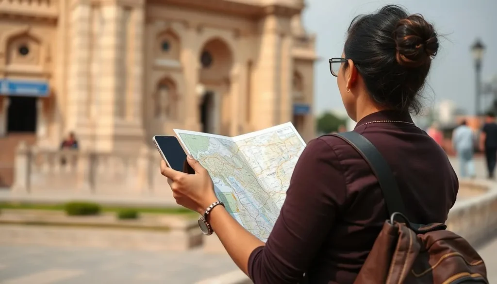 Tourist using a mobile phone and map while exploring Raipur city attractions Tourist using a mobile phone and map while exploring Raipur city attractions