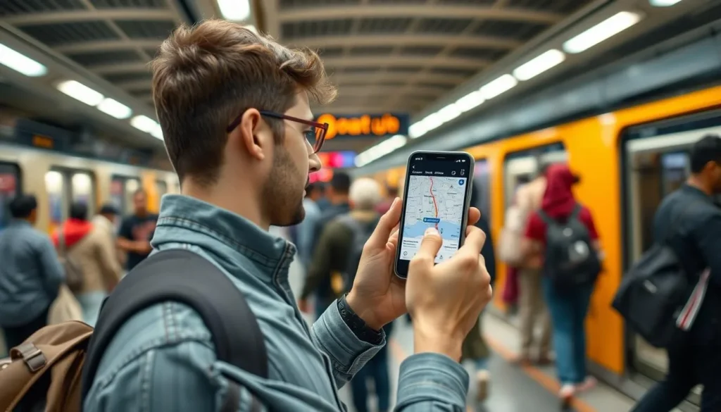 Tourist using a mobile phone app to navigate Delhi's metro system
