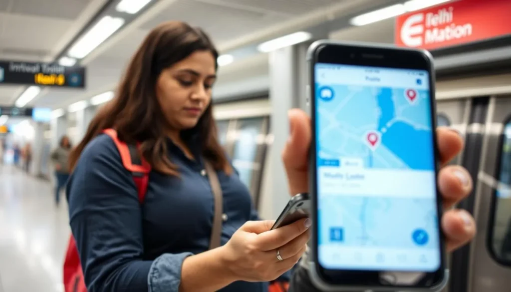 Tourist using a mobile phone app to navigate New Delhi's metro system