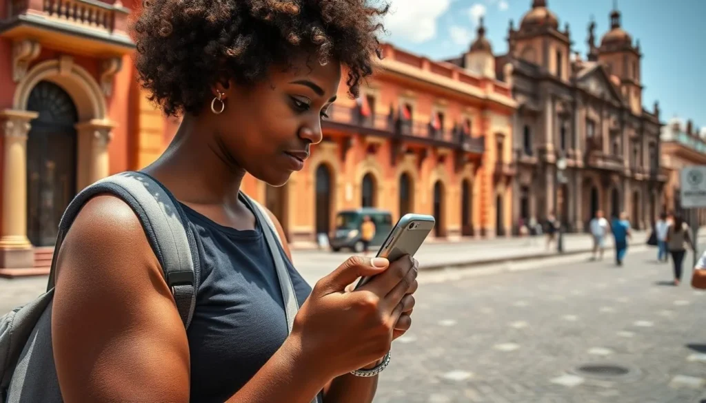 Tourist using a mobile phone to navigate Puebla's historic streets