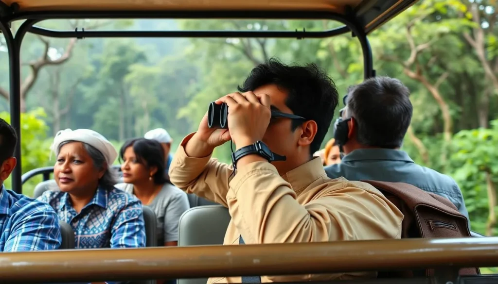 Tourist using binoculars on safari in Madhya Pradesh - practical tips for best things to do in Madhya Pradesh India