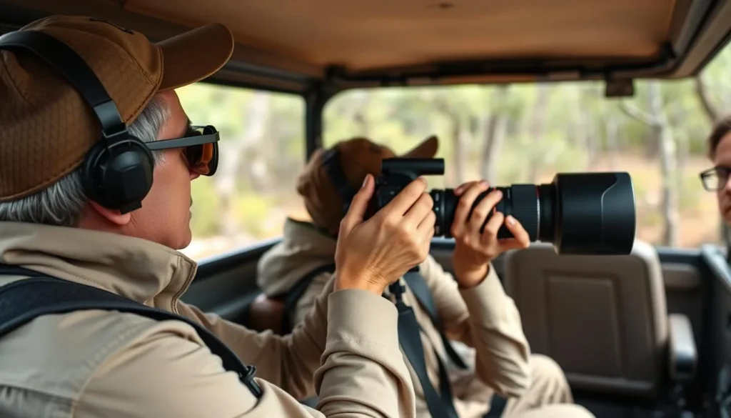 Tourist with binoculars and camera with telephoto lens on safari in Pench National Park