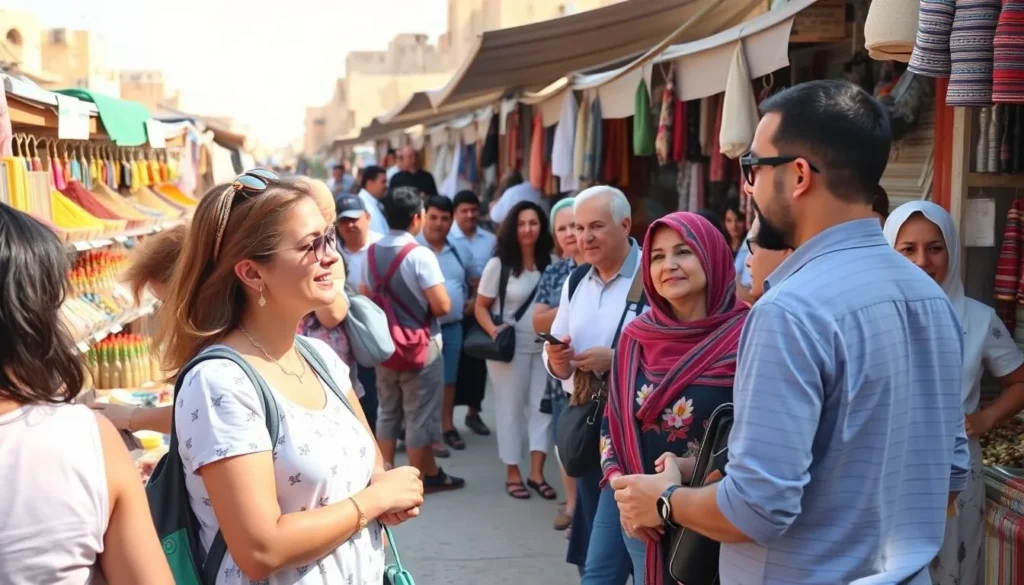 Tourists and locals interacting at a market in Hurghada