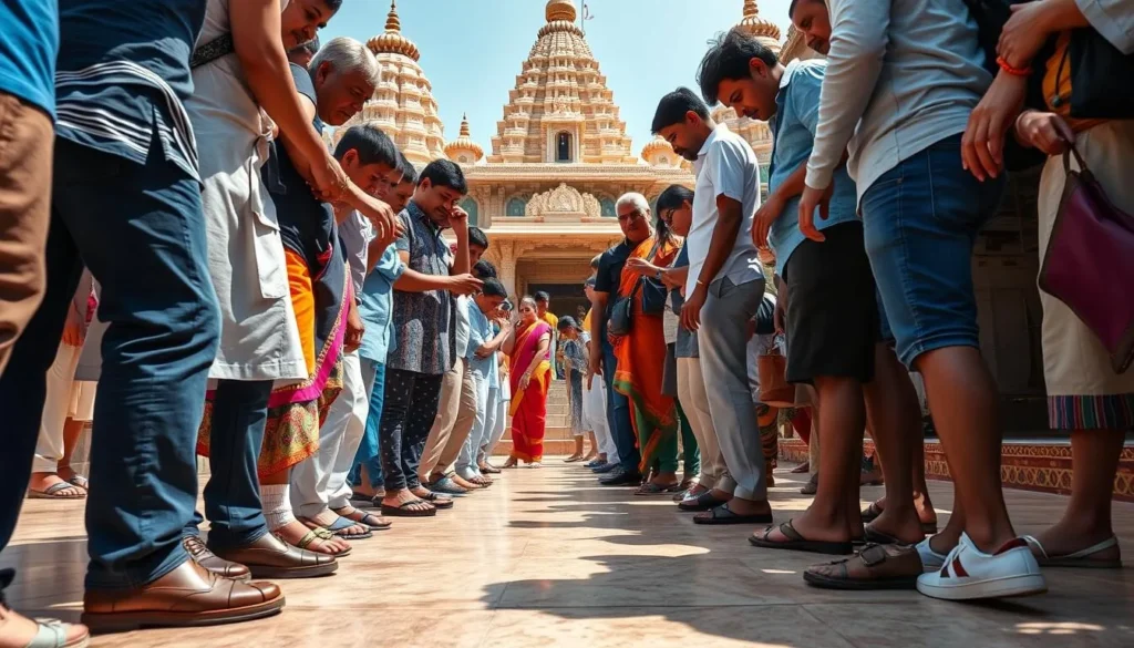Tourists and locals removing shoes before entering a Hindu temple in India