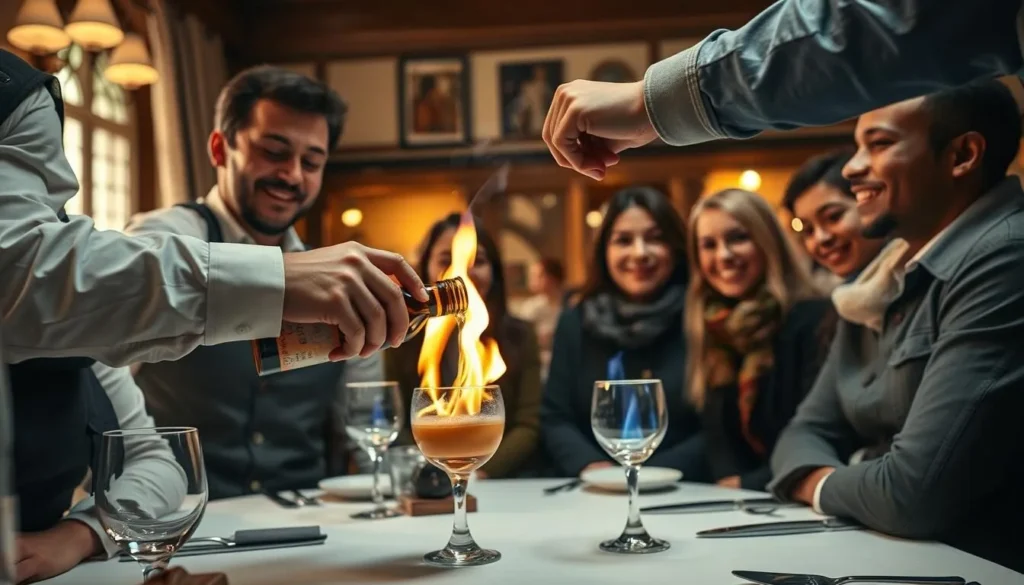 Tourists enjoying Rüdesheimer Kaffee being prepared tableside with flaming Asbach brandy