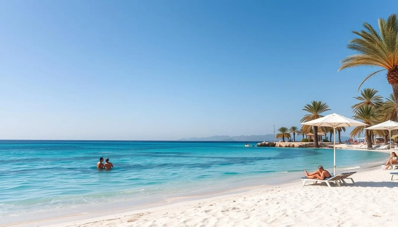 Tourists enjoying a beautiful sunny day at one of Hurghada's beaches with palm trees and clear blue skies