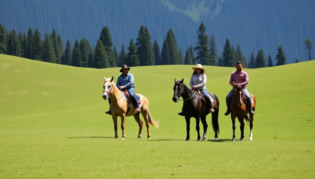 Tourists enjoying horseback riding around Khajjiar meadow