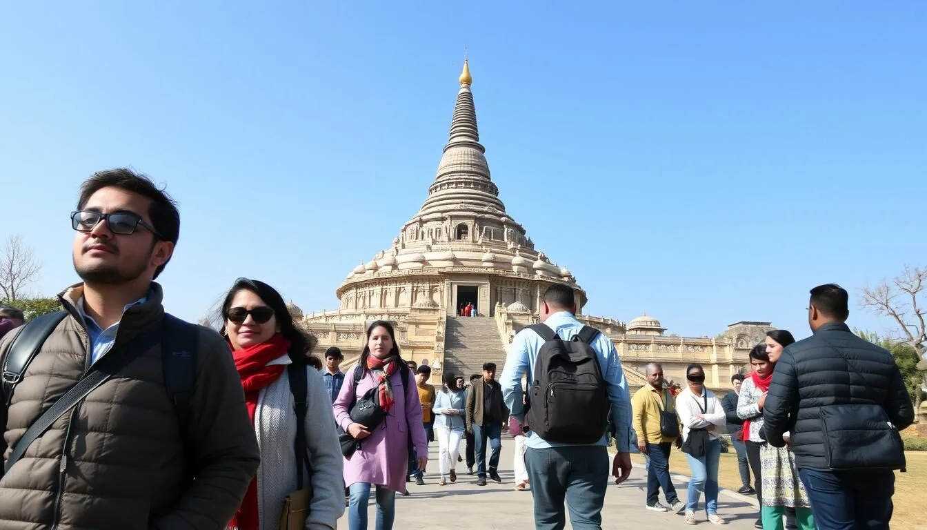 Tourists enjoying pleasant weather at Amaravati Stupa during winter season