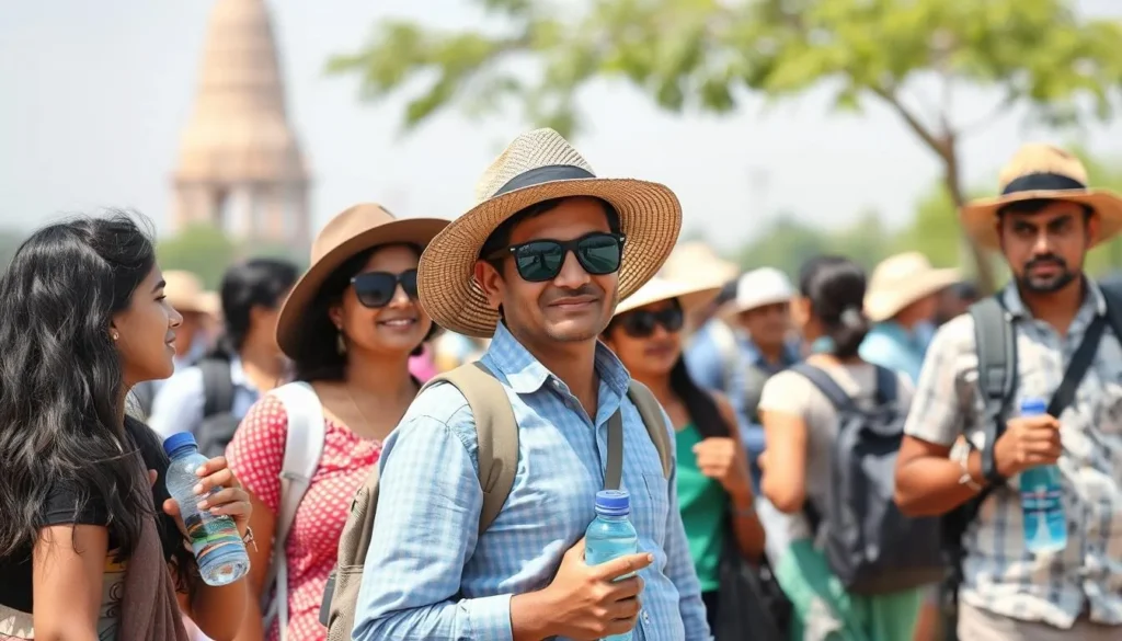 Tourists exploring Amaravati with guidebooks and water bottles