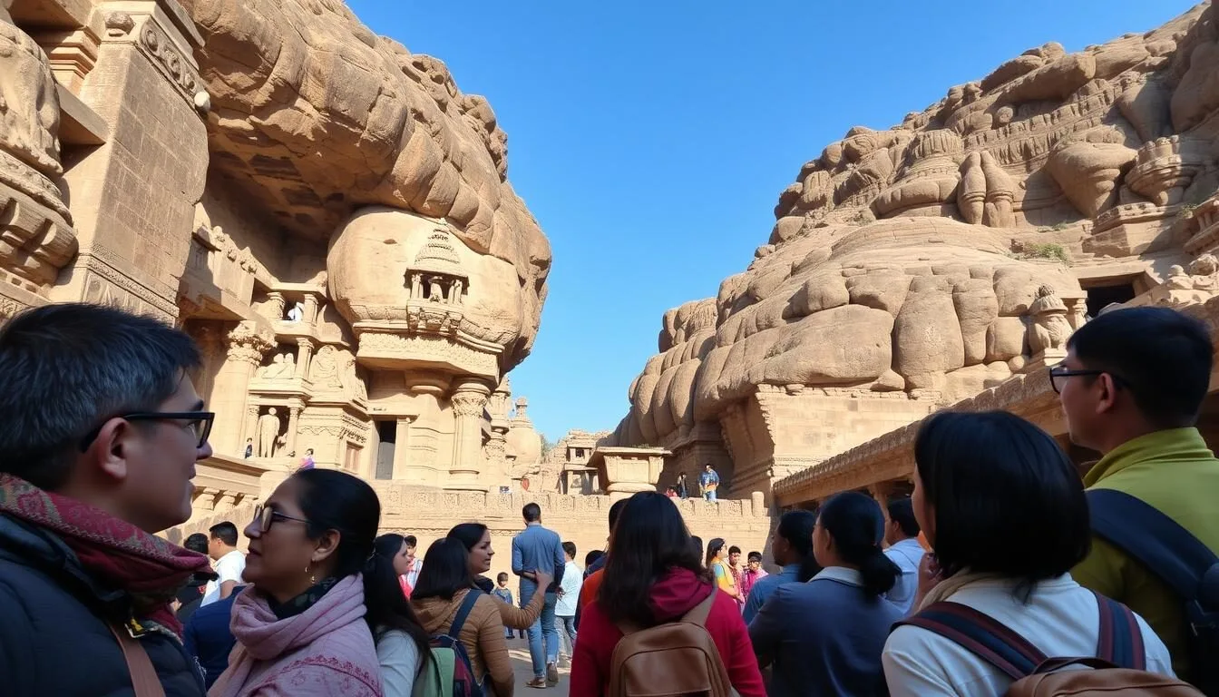 Tourists-exploring-Ellora-Caves-during-pleasant-winter-weather-in-Aurangabad Tourists exploring Ellora Caves during pleasant winter weather in Aurangabad