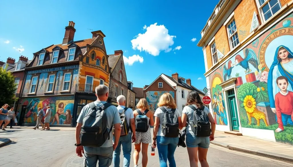Tourists exploring Ely Renaissance Murals during summer with perfect weather conditions