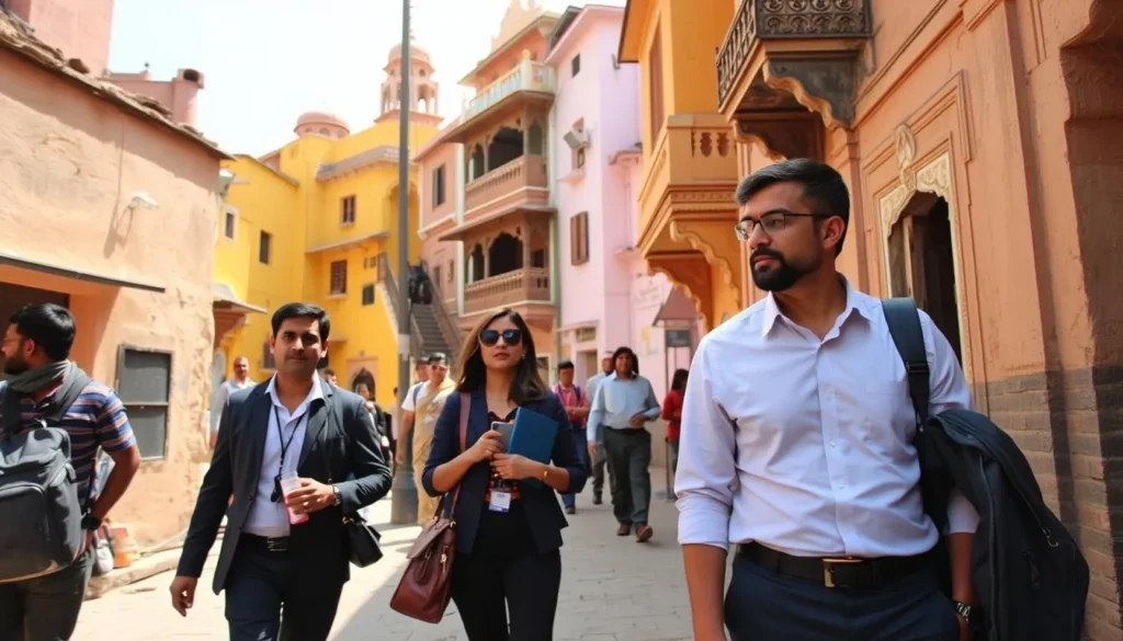 Tourists exploring Orchha's narrow streets with colorful buildings and traditional architecture