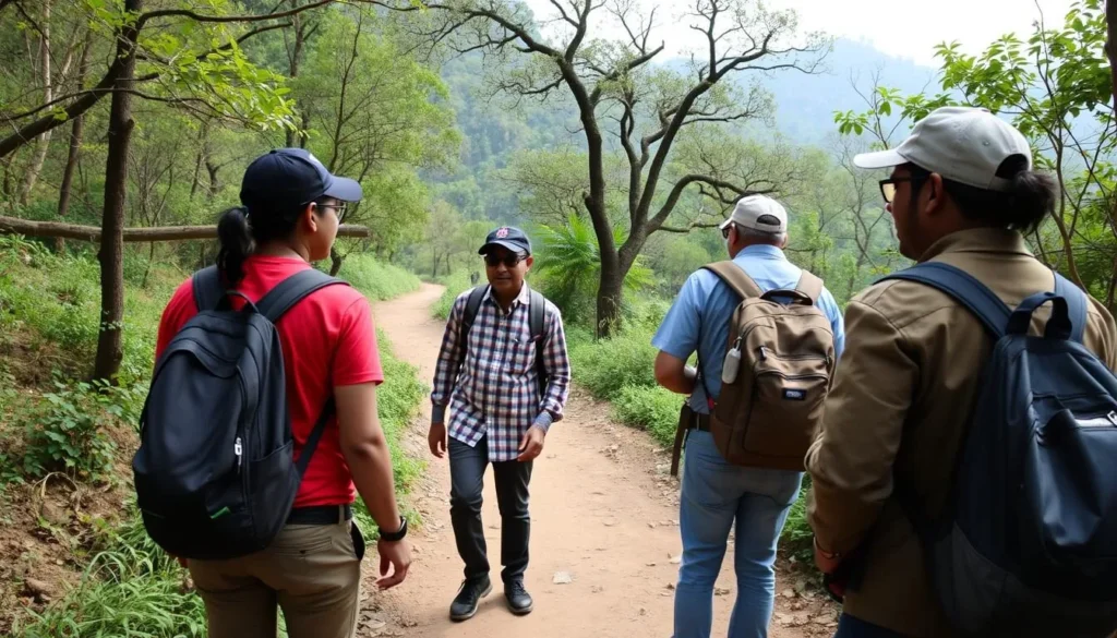 Tourists exploring Pachmarhi on foot with a local guide pointing out natural attractions