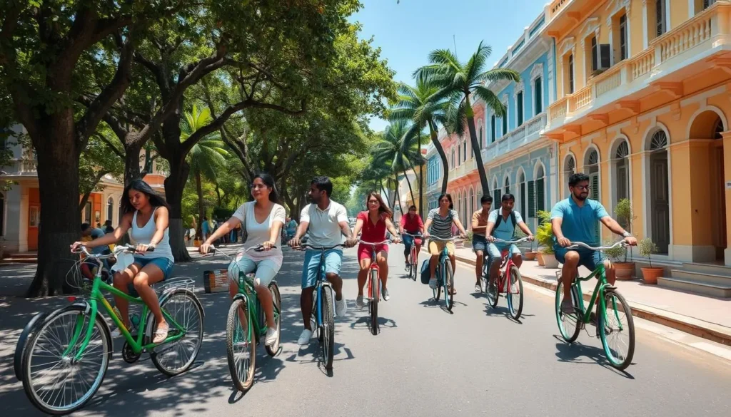 Tourists exploring Puducherry's French Quarter on rented bicycles along tree-lined streets