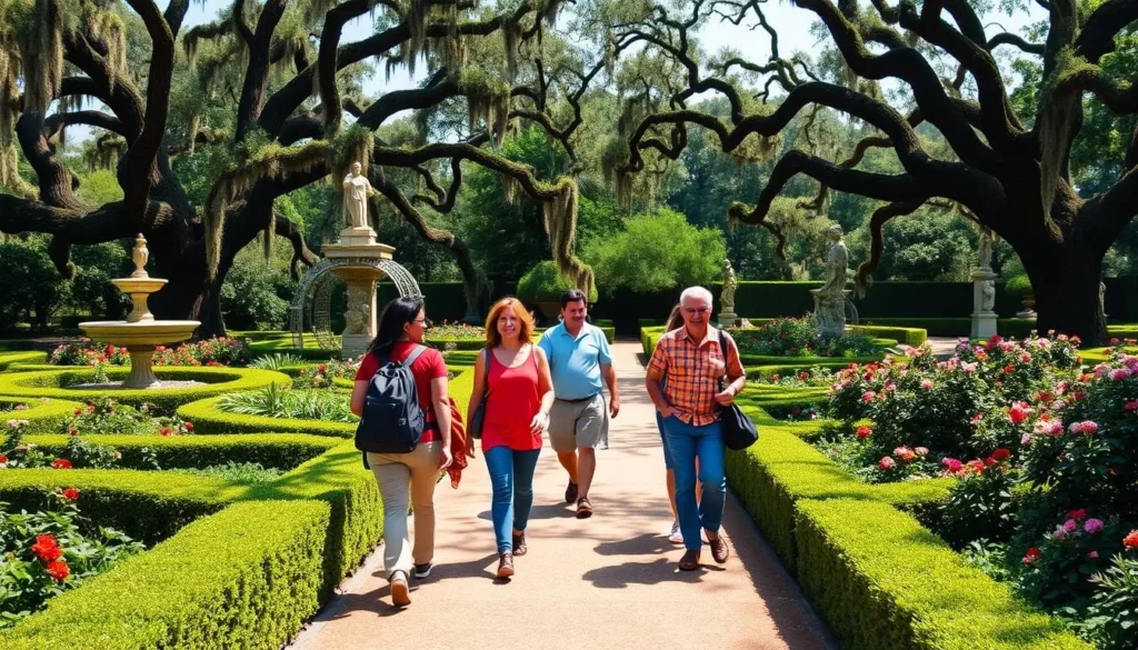Tourists exploring a plantation garden along the Great River Road in Louisiana Tourists exploring a plantation garden along the Great River Road in Louisiana