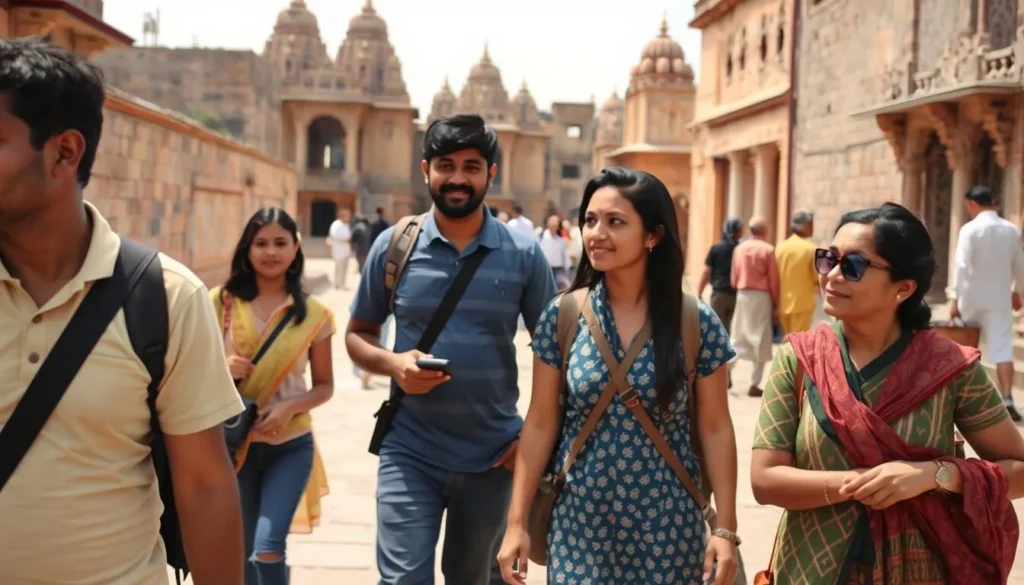 Tourists exploring the Old Town area of Bhubaneswar with a local guide