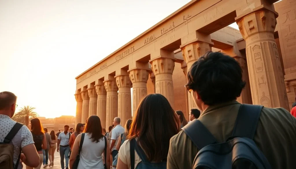 Tourists exploring the Temple of Karnak in Luxor during golden hour, one of the best things to do in Egypt