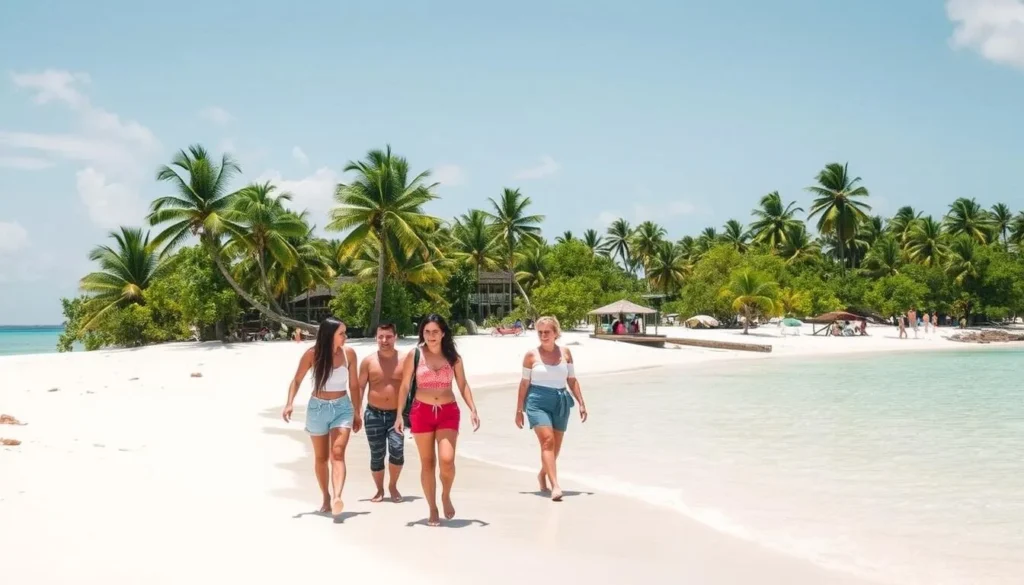 Tourists exploring the beautiful Saona Island with palm trees and white sand beaches
