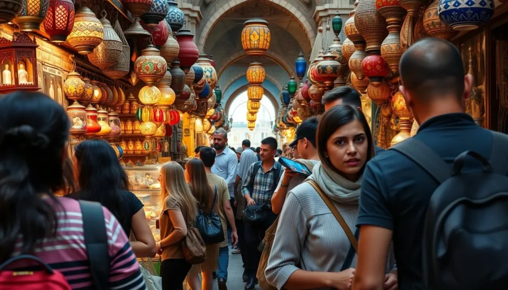 Tourists exploring the colorful Khan el-Khalili bazaar in Cairo, Egypt, browsing traditional crafts and souvenirs