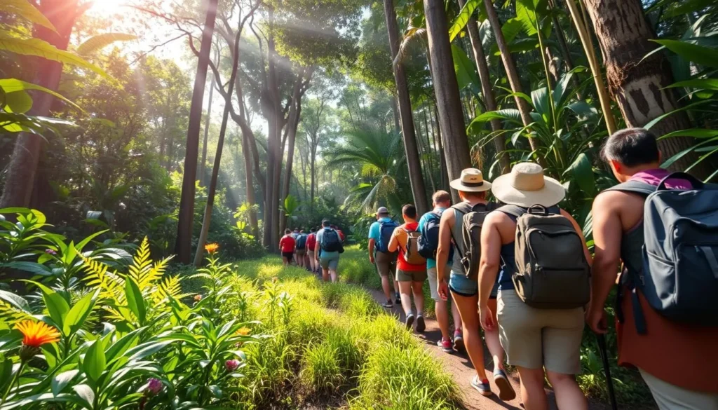 Tourists hiking through a lush jungle trail in Chiapas, Mexico