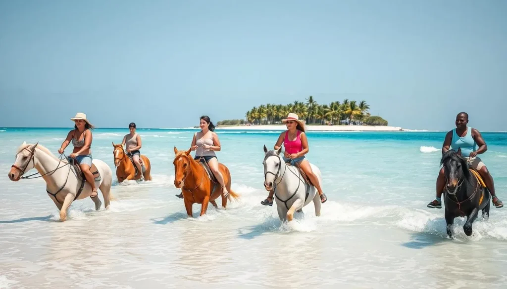 Tourists horseback riding along Playa Rincon beach