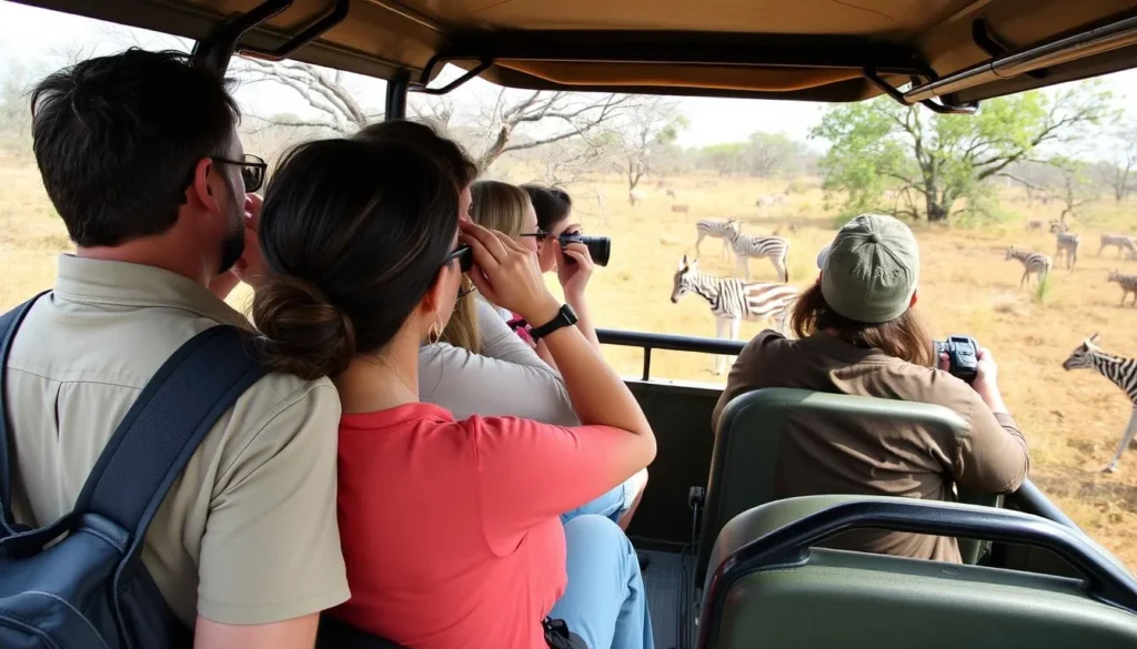Tourists in safari vehicle observing wildlife safety protocols in Pench National Park