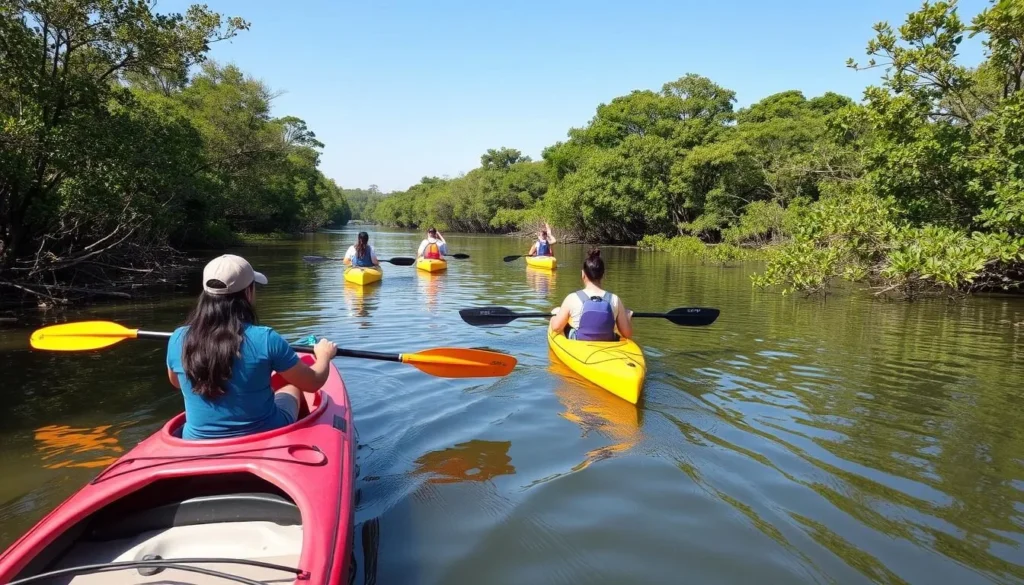 Tourists kayaking through mangroves in Goa's backwaters Tourists kayaking through mangroves in Goa's backwaters
