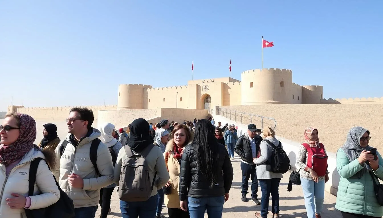 Tourists of diverse backgrounds exploring Bahrain Fort during pleasant winter weather