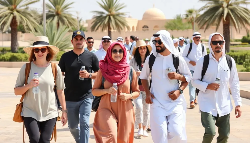 Tourists of diverse backgrounds exploring Bahrain with appropriate seasonal clothing