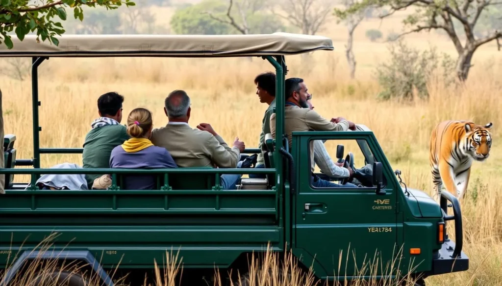 Tourists on a wildlife safari spotting a Bengal tiger in Bandhavgarh National Park
