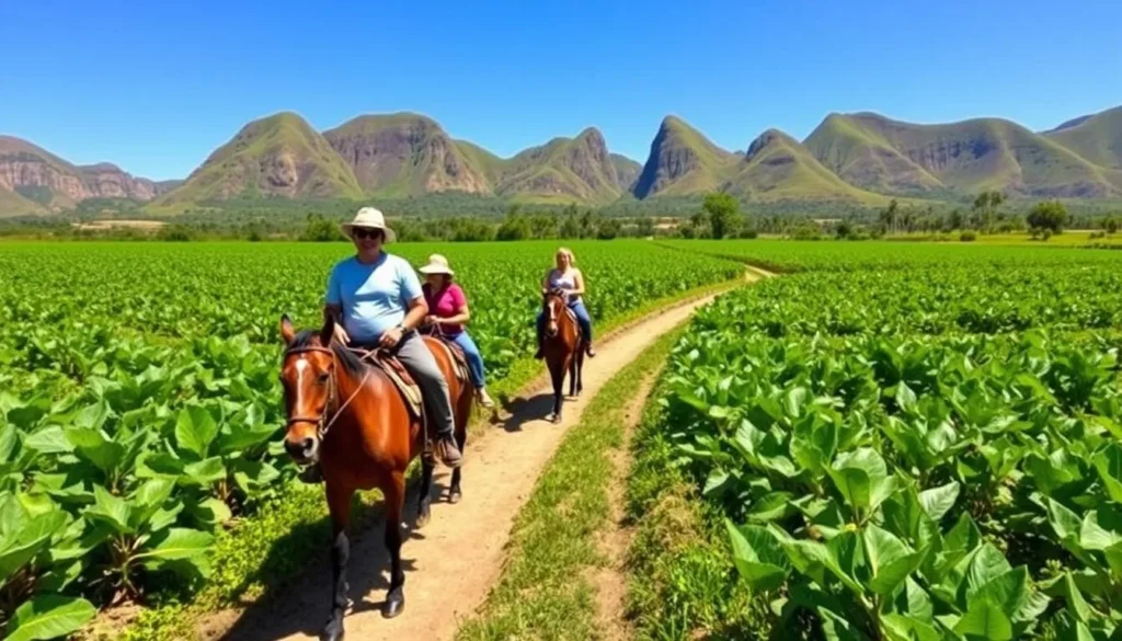 Tourists on horseback riding through tobacco fields in Vinales Valley with mogotes in the background