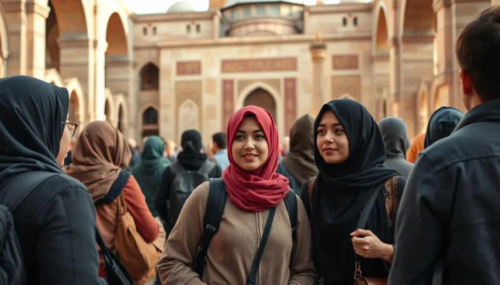 Tourists respectfully dressed visiting the Al-Azhar Mosque in Islamic Cairo, one of the cultural experiences in Egypt