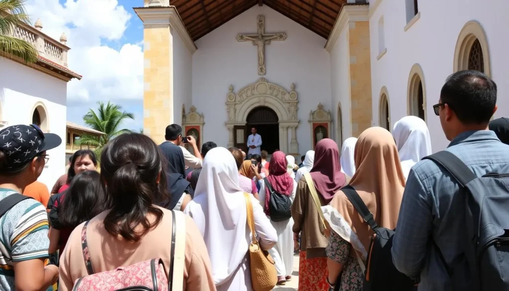 Tourists respectfully visiting a Goan church with appropriate attire Tourists respectfully visiting a Goan church with appropriate attire