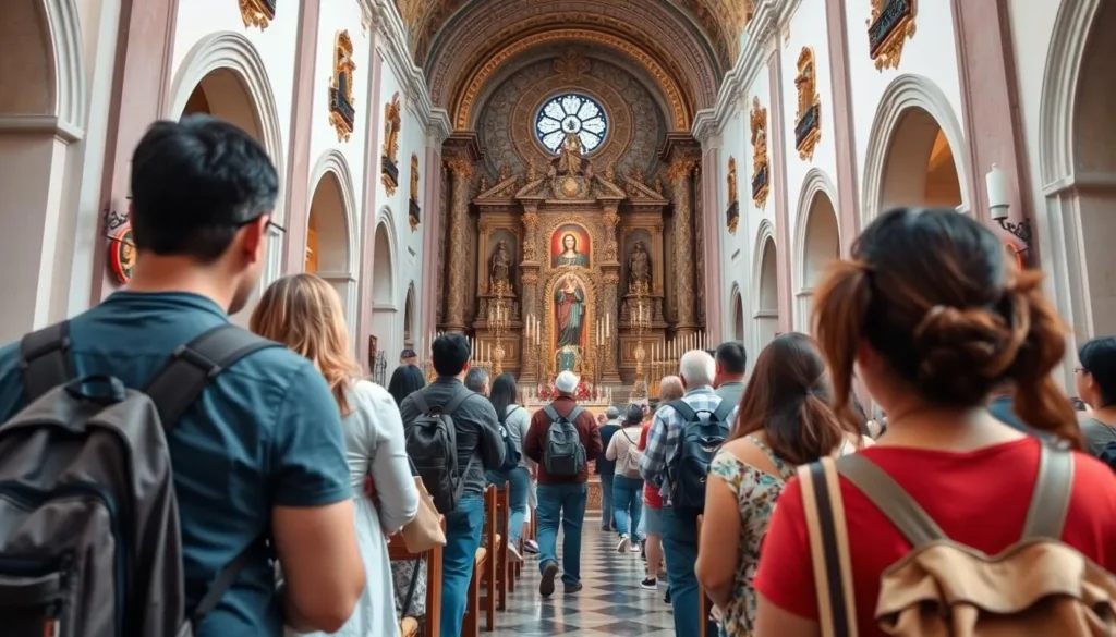 Tourists respectfully visiting a Mexican church with appropriate attire