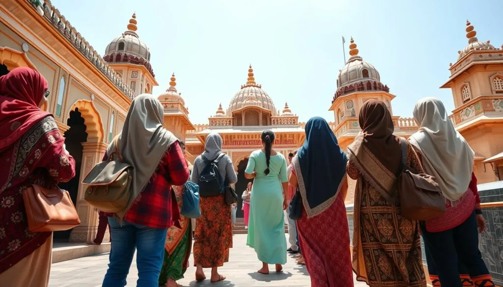 Tourists respectfully visiting a Rajasthani temple with appropriate modest dress and removing shoes