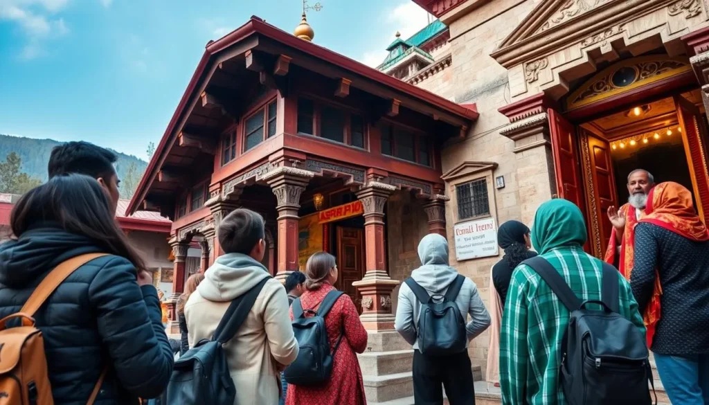 Tourists respectfully visiting a local Himachali temple in traditional attire