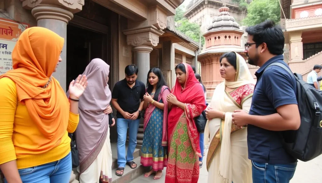 Tourists respectfully visiting a local temple in Pachmarhi with appropriate attire and behavior