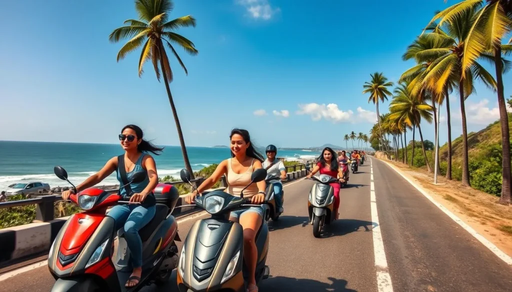 Tourists riding scooters along a palm-lined coastal road in Goa Tourists riding scooters along a palm-lined coastal road in Goa
