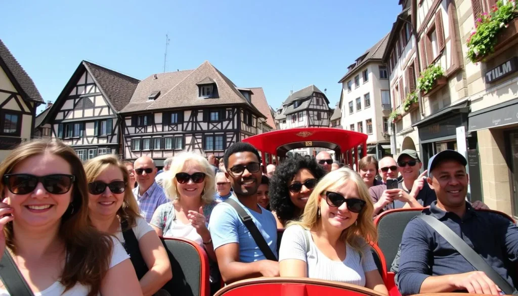 Tourists riding the Rüdesheimer Winzerexpress tourist train through the streets of Rüdesheim